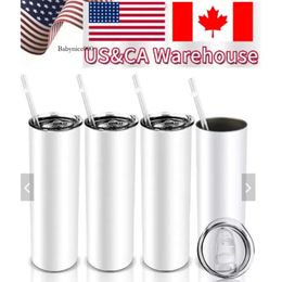 USA CA Stock 20Oz Sublimation Blank Stainless Steel DIY Straight Vacuum Insulated 600Ml Car Tumbler Coffee Cup With Straw And Lid 0516