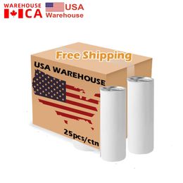 USA CA VOORRAAD 20oz sublimatie blanks mokken roestvrij staal dubbelwandige thermoskan geïsoleerde bekers met plastic rietje 25pcs/ctn 927