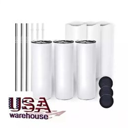 USA CA Stock DIY Subilation Tubler 20oz gobelets consécutifs Paille métallique en acier inoxydable Slim Bas Vacuum Mugs de voyage Isulaté 25pcs 4.23