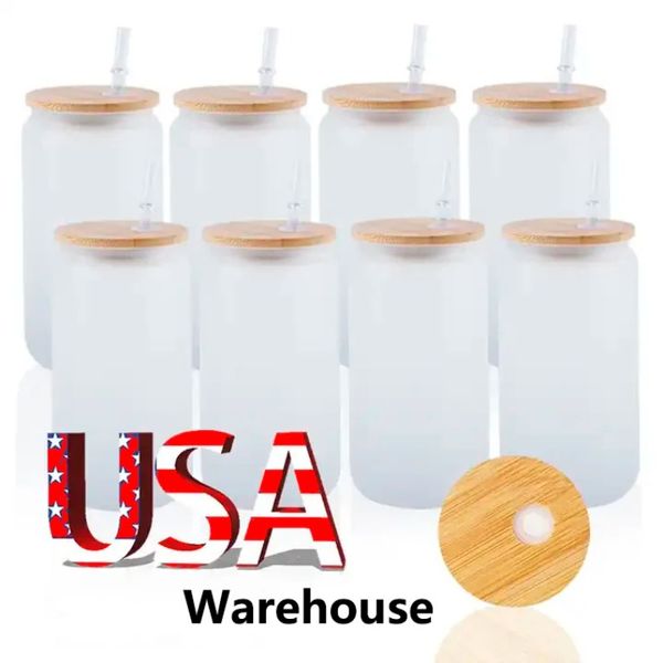 Usa CA Warehouse – bouteille d'eau droite transparente givrée de 16 Oz, verre à Sublimation, gobelet avec couvercle en bois