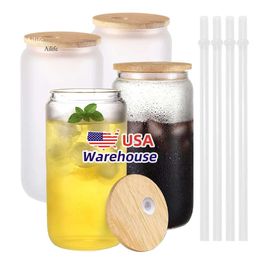 USA CA Warehouse 16 oz Clear Clear Froshed Botpling Tumbler Sublimation Blanks Beer lata Glass con tapa de bambú y paja 4.23 0516