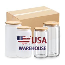 USA CA Warehouse 16oz Grosted Clear De forme sublimation bière de bière de boîte avec couvercle en bambou et pailles 4.23
