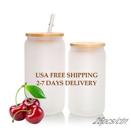 USA CA Warehouse 16oz Frosted Clear Sublimation Botella de agua Lata de vidrio Tazas Mason Jar Vasos de jugo con tapa de paja JY07