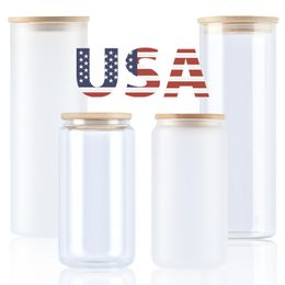 USA CA Warehouse 16oz Frosted Clear with Bamboo Lid and Plastic Straws Sublimation Beer Can Glass Jar 4.23