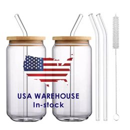 EE. UU. CA Warehouse 16 oz Sublimación Vasos en blanco Cerveza en forma de lata Tazas de vidrio de borosilicato con tapa de bambú y pajita JY07