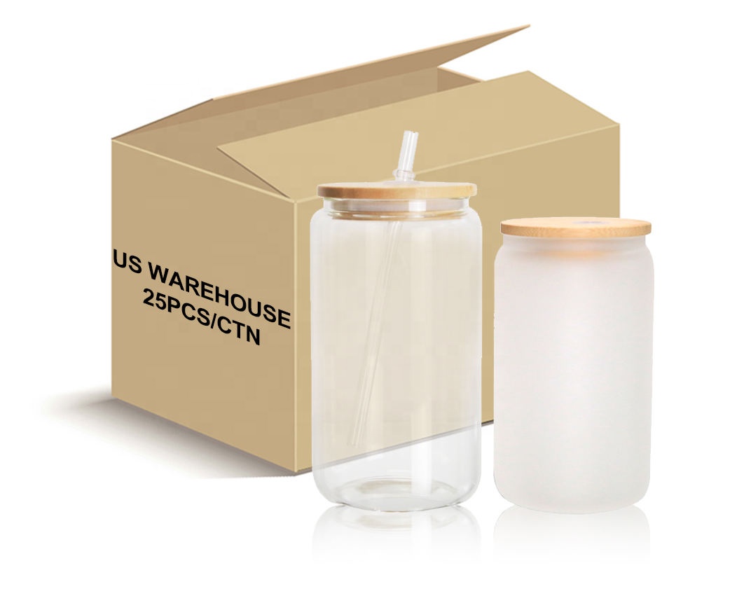 USA CA Warehouse 16oz Sublimation Clear Frosted Can Glass Mug 16oz Beer Can Cups With Bamboo Lid And Straws