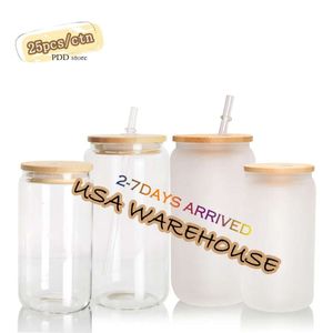 VS CA Warehouse 16oz Sublimatie Frosted Clear herbruikbare dubbele wandglazen waterfles bierblikjes met bamboe deksel 0514