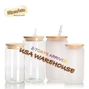 VS CA Warehouse 16oz Sublimatie Frosted Clear herbruikbare dubbele wandglazen waterfles bierblikjes met bamboe deksel 0514