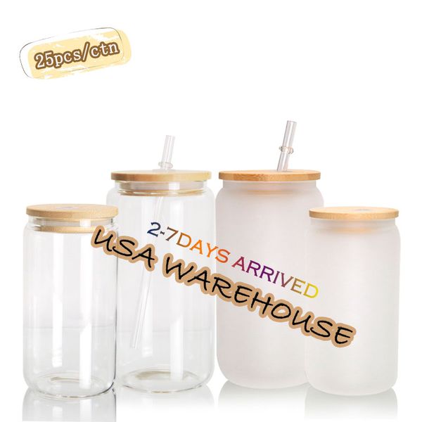 USA CA Warehouse 16oz Sublimación esferado Clear Reusable Doble Vidrete Bottle Bottle Botella latas de cerveza con tapa de bambú 4.23