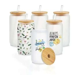 USA/CA Warehouse 16oz Sublimation Glass Beer Mugs with Bamboo Lid Straw DIY Blanks Frosted Clear Can Shaped Tumblers Cups Heat Transfer Tail NEW 4.23 0516