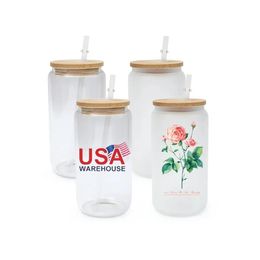 USA CA Warehouse 16oz Sublimatie Glazen Bierpullen met Bamboe Deksel Stro DIY Blanks Frosted Clear Can Shaped Tumblers Cups Warmteoverdracht Cocktail G0418