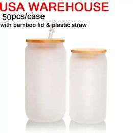 EE. UU. / CA Almacén Tazas de vidrio de sublimación de 16 oz Blancos con tapa de bambú Lata de cerveza helada Vaso de borosilicato Tazas de tarro de albañil con pajita de plástico