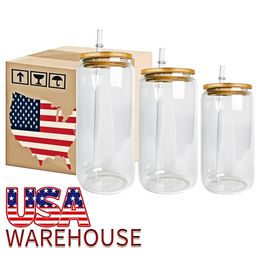 VS CA Warehouse 16oz Sublimatie Glazen Mokken Spaties Fored Clear Beer Can Borosilicate Tumbler Mason Jar Cups met plastic rietje