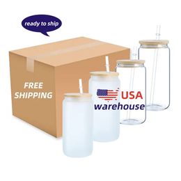 EE. UU. CA Warehouse 16 oz Tazas de vidrio de sublimación Espacios en blanco Frosted Clear Beer Can Tumbler Mason Jar Cups con pajita de plástico