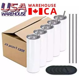 USA CA Warehouse Vaso de impresión de transferencia de calor de acero inoxidable de 20 oz Vasos de sublimación rectos con aislamiento al vacío Skiny