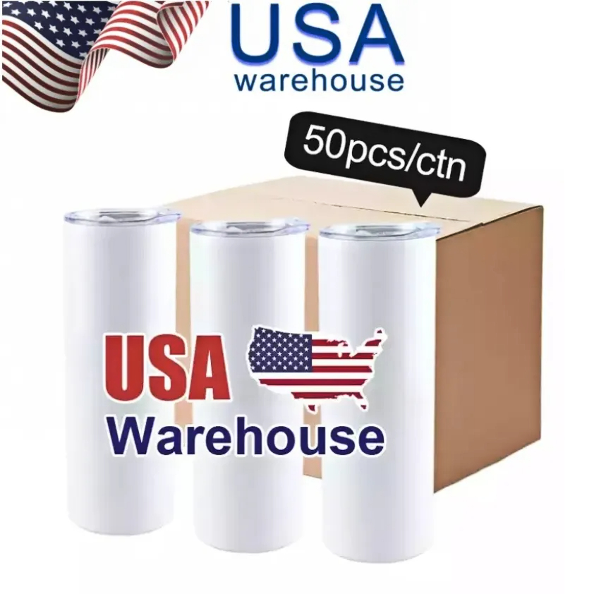 USA CA Warehouse 20 Oz Sublimation Tumblers Rostfritt stål Dubbelväggisolerad kaffemugg Vit rakt blank 0425