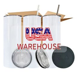 VS CA Warehouse 20oz Spaties witte sublimatie mokken waterfles drinkware roestvrijstalen tuimelaars met plastic stro en deksel