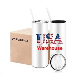 USA CA Warehouse 20oz Blanks White Sublimation Mugs Botellas de agua Drinkware Vasos de acero inoxidable con pajita de plástico y tapa