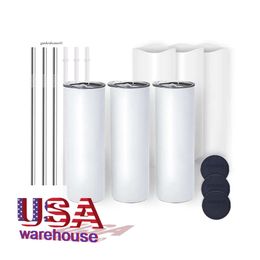 USA/CA Warehouse 20oz witte magere rechte roestvrijstalen sublimatie spaties tuimelaar met stro 0426