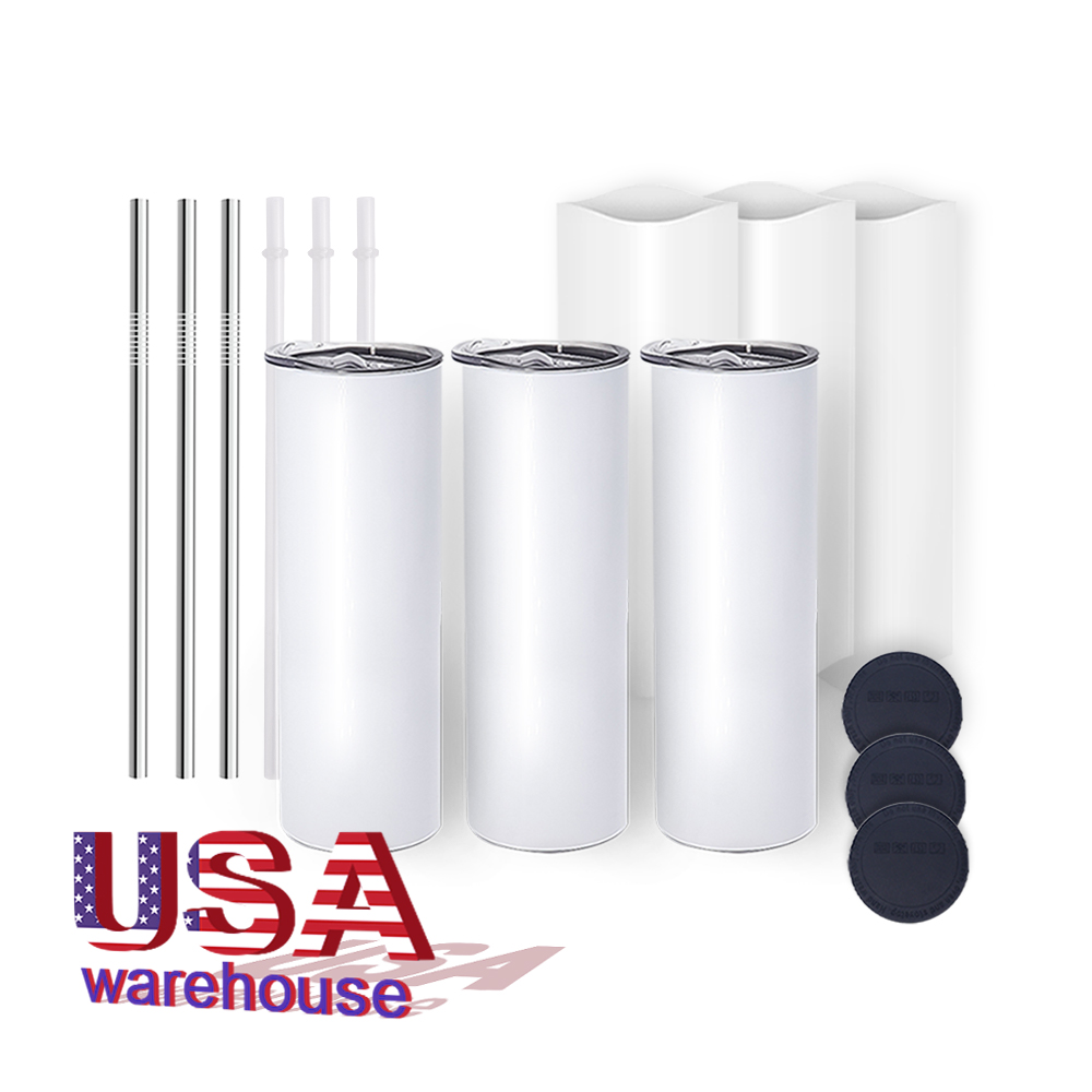 USA/CA Warehouse 20oz White Sublimation Tumbler Skinny Straight rostfritt stål sublimering av tumlar med halm