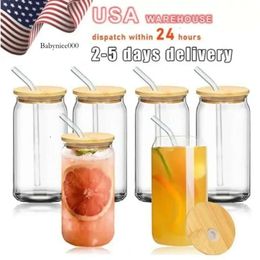 USA CA Warehouse 3 Days Shipping 16Oz Sublimation Glass Jar Tumbler Frosted Coke Can Bamboo Lid Beer Tail Glasses Whiskey Coffee Cupsiced Tea Cans 0514