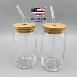 USA CA Warehouse 500 ml 16 oz helder transparant Libbey ijskoffie bierglas blikvormige bekerbekers met bamboe deksel en glazen rietje sep05