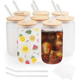 Tapa de bambú de almacén de EE. UU. Con paja, jarra de cerveza de sublimación helada de 16 oz en blanco de vidrio para café helado, refresco, jugo 0514