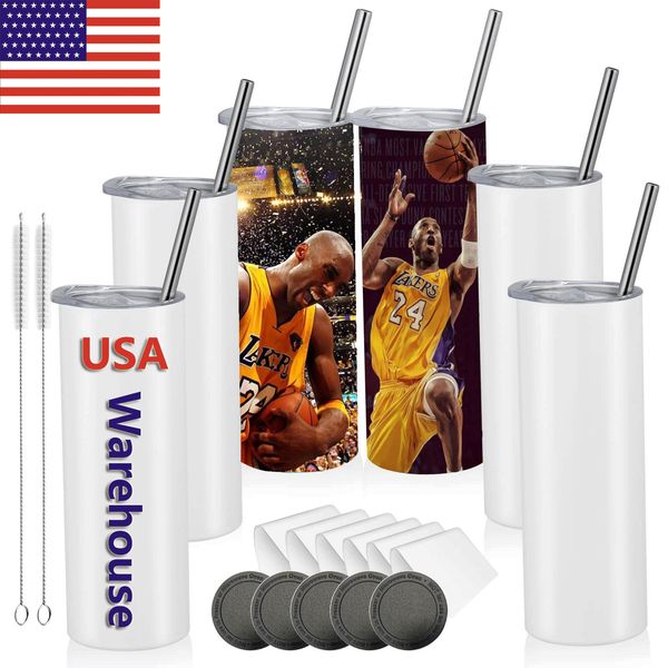 USA CA entrepôt blanc narguilé Sublimation gobelets 20 oz gobelet en acier droit avec paille Sippy tasse presse à chaud pour l'impression