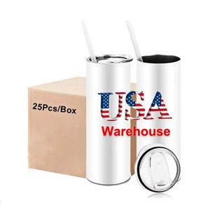 VS CA Warehouse Fast Ship 25pc/Box 20oz spaties Witte sublimatiemokken water flessen drinkware -roestvrijstalen tuimelaars met plastic stro en deksel 4.23