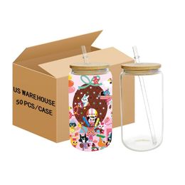 USA CA Warehouse Hot Sale 16oz Sublimation Beer Beer Frass con forma de vidrio transparente con tapa de bambú y paja 4.23