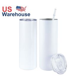 Magazzino USA / CA Bicchieri per sublimazione isolati a doppia parete in acciaio inossidabile bianchi da 20 Oz con cannuccia T0906
