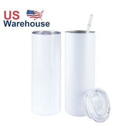 USA CA Warehouse de acero inoxidable de acero inoxidable blanco aislamiento de 20 oz de sublimación en blanco flacado de sublimación con paja 4.23