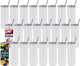 USA CA Warehouse Sublimatie Tumblers 20 Rechte Blanks Dubbelwandige roestvrijstalen automokken met deksel en rietje 1116