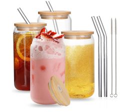 USA CA Magazijn Waterbeker Beker met Bamboe Deksel Stroborstel 4-delige set 16oz Kan Ijs-Colabeker Helder Matglas Glas