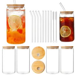 USA CA Entrepôt en gros couvercle en bambou avec paille 16oz 500 ml d'eau pot de verre Jar Jar tasse de lait bouteille 4.23