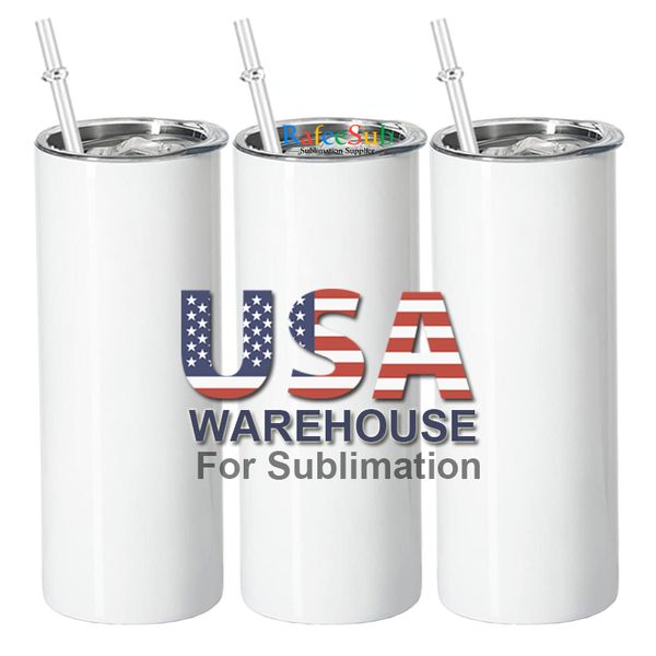 USA CA Warehouse Vente en gros en vrac sur mesure 20 oz en acier inoxydable Skinny Cup Gobelets à sublimation vierges droits avec couvercle et paille