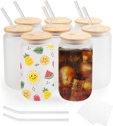 Entrepôt USA CA avec couvercle en bambou avec verre de sublimation vierge avec paille, pot de bière givré de 16 oz en verre pour café glacé, soda, jus