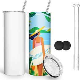 EE. UU./CA Al por mayor 20oz Sublimación DIY Skinny Tumbler Metal Straw Straw Coaster Termos de pared de pared con tapas 4.23