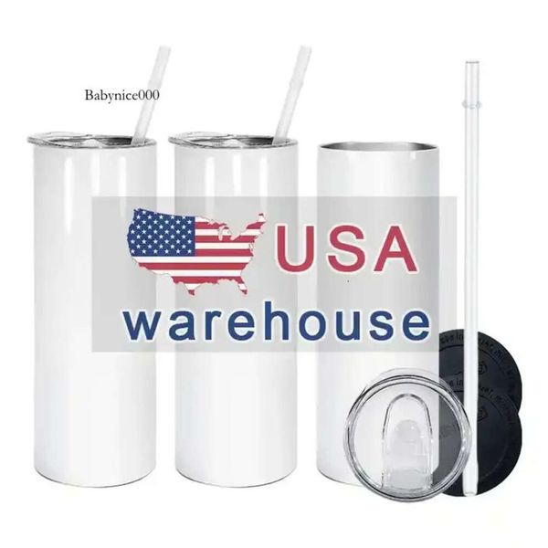 USA / Can Stock 20oz Subilation Ganglers Blanks Blancs en acier inoxydable tasses avec couvercle en plastique et paille à grande capacité tasses de voiture à vide Bouteilles d'eau 0424 0516