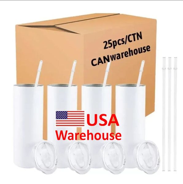 USA CAN Stock 25pcs / Carton Sublimation Blanks Straight Tumbler 20 oz Water Tumbler Cup avec couvercle et paille GJ0529