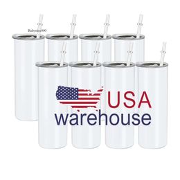 USA Can stocké de 20 oz tasses en acier inoxydable blancs de sublimation droite mince gobelers à double paroi à deux bouteilles d'eau 0516
