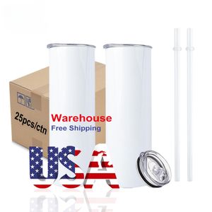 USA CAN Entrepôt Double paroi isolée 20 oz Droit Blanc Blanc Sublimation Gobelets Thermos Bouteilles d'eau Tasses avec paille en plastique Sep04