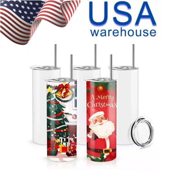 USA CAN Entrepôt Expédition rapide Gobelets à sublimation de 20 oz Vierges Tasses à presse à chaleur droites blanches de 20 oz avec paille 1226