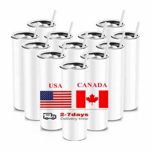 États-Unis Canada Entrepôt Local 20 oz Blancs Sublimation Gobelets En Acier Inoxydable Café Tasses De Voiture Tasse À Eau Insultée Avec Paille En Plastique Et Couvercle GG0731