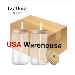 USA Canada Warehouse 16 oz Impreso Diy Sublimación Taza de vidrio Cerveza de cerveza Caza de agua con tapa de bambú y café helado reutilizable 0516