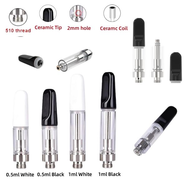 USA Céramique Chariot 0,5 ml 1 ml de cartouches de vape d'huile d'épaisseur Atomizateurs Pouffures plates vides Bobines de céramique 510 ATOMISER A13 Emballage en mousse 600pcs / lot Stock D8 chariots de 2,0 mm chariots trous