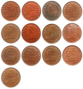 USA Craft Classic Head Cents 1809 1836 13 PIECES FECHAS PARA ELEGO 100 Copia Copia Adornos de latón Decoración del hogar A8782928