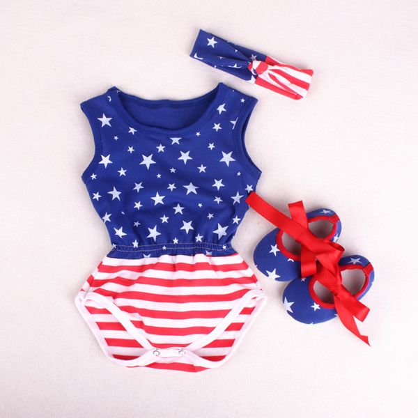 USA Flag Baby Bodys Shoe Hairband Costume Nouveau-né Combinaisons Vêtements Ensemble Coton Summer Boy Tenues Chemises sans manches Star 0-2Y 210413