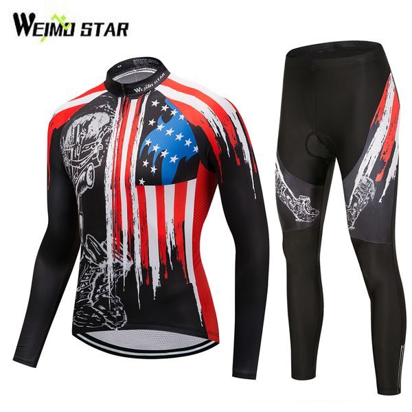 USA Flag Star Star à manches longues Jersey Set Shirts Bicycling Bicycle Bicod Mtb Ciclismo Cycle Cycle Cloth Pant Pantalon pour hommes Femmes