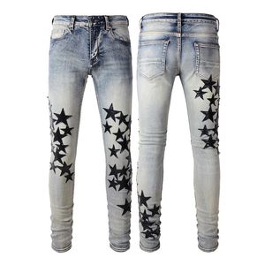 USA Hip Hop Streetwear Straight Zipper Blue Blue Five-Point Star Jeans Amiryes Men's Youth Stretch Slim Fit